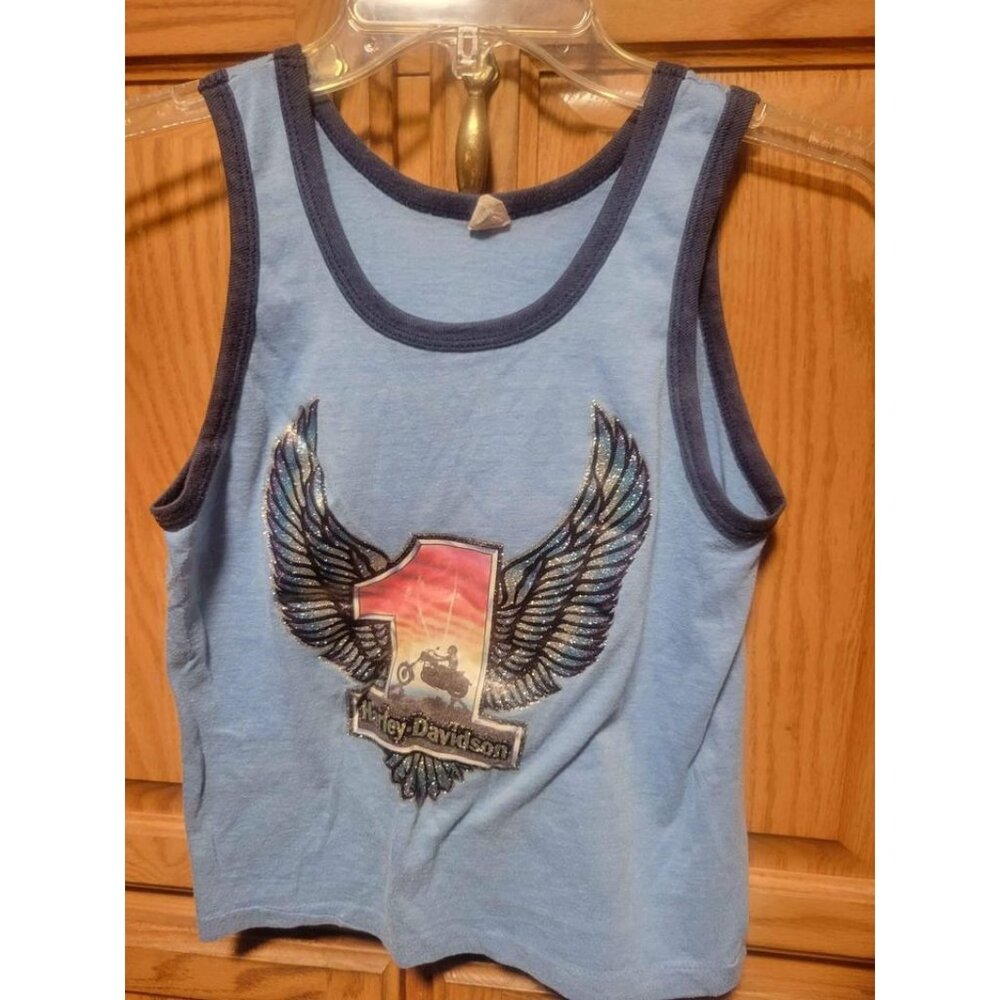 Vintage Harley Davidson Motorcycles Boys Blue Tank Top Shirt with Sparkle Wings